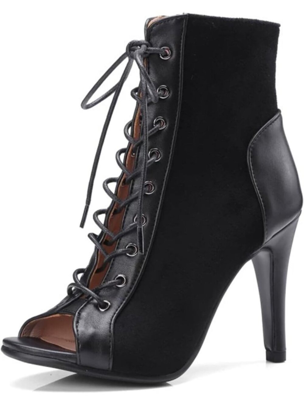 Women's Black Suede Buckle Strap Peep Toe High Top Lace Up Mesh Pump Sandal Boot
